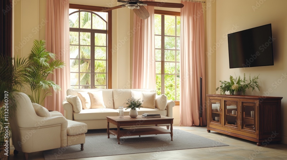 Fototapeta premium Bright living room with sofa, armchair, and large windows.