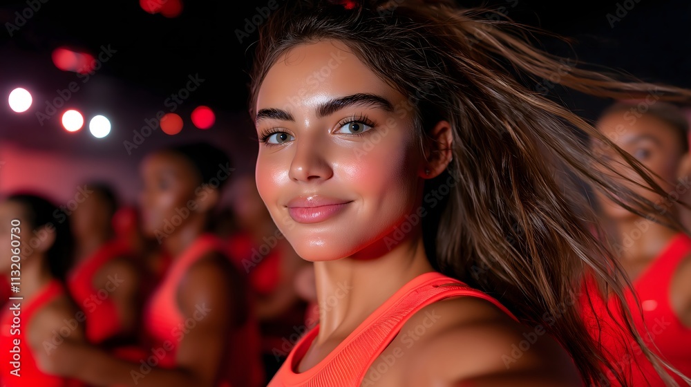 Naklejka premium Energetic woman smiling during a group fitness class in a vibrant gym environment, wearing a bright red sports outfit, embodying health and positivity