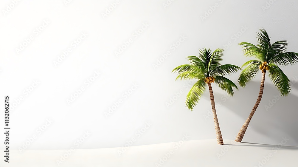 Obraz premium A clean white-style image of A minimalist design of a beach with palm trees. 