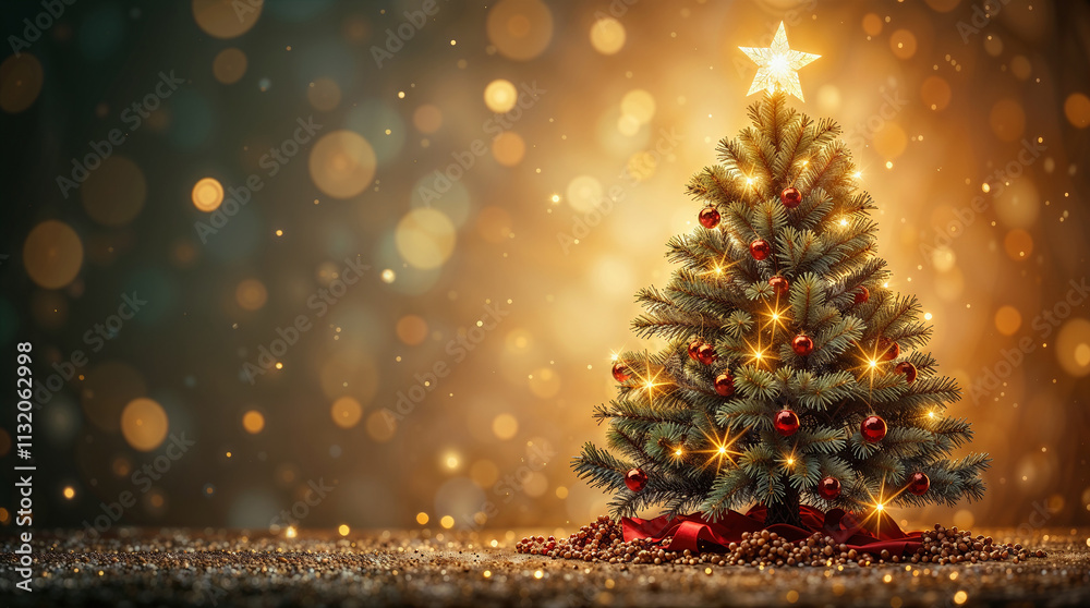 Obraz premium Festive Christmas Tree Silhouette with Magical Bokeh Light Background Holiday Illustration