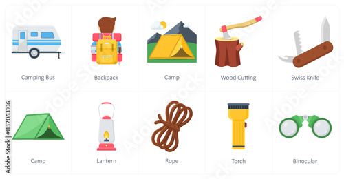 A set of 10 camping icons as camping bus, backpack, camp