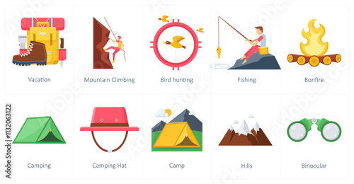 A set of 10 camping icons as vacation, mountain climbing, bird hunting