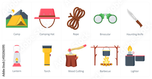 A set of 10 camping icons as camp, camping hat, rope