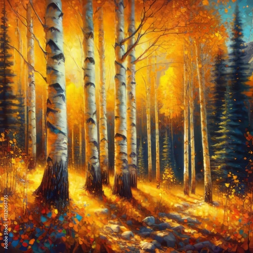 Aspen Grove in Autumn Vibrant brushstrokes capture the shimmerin photo