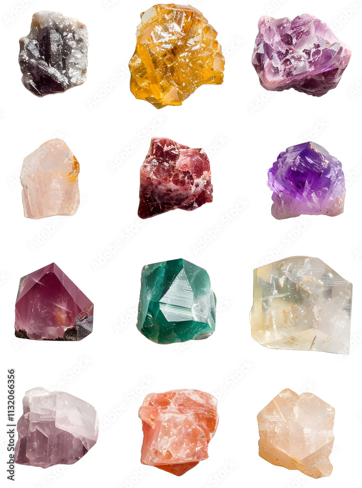 Fototapeta premium High-Resolution Top-Down Symmetrical Arrangement of Birthstones, Gemstones on transparent Background