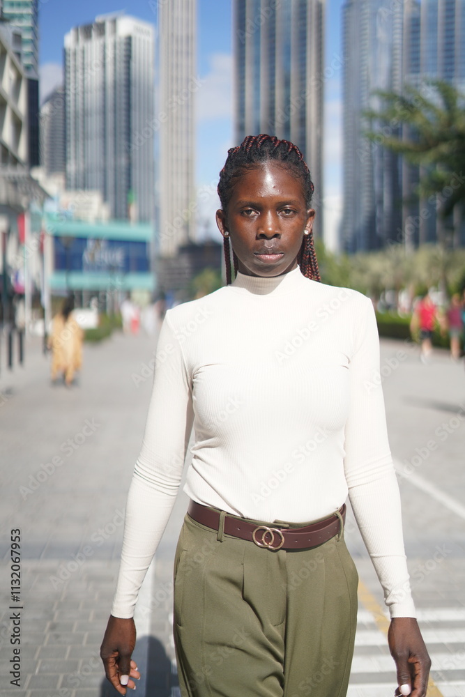 Fototapeta premium Confident Woman in Stylish Casual Outfit Posing in an Urban Setting