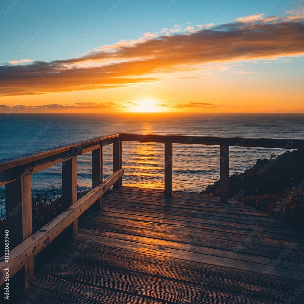 Obraz premium Ocean Sunset View From Wooden Deck Overlook