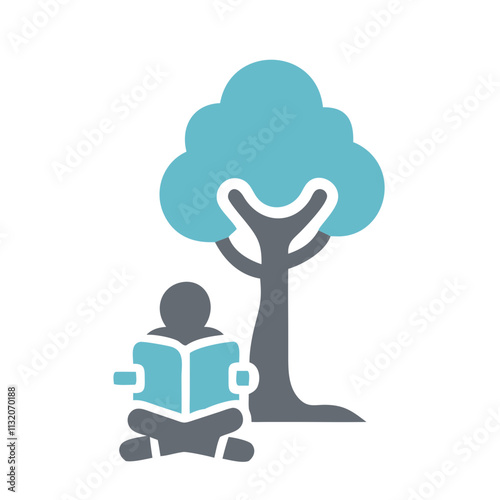 Reading under a tree illustration with a person and open book on transparent background