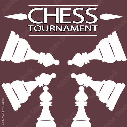 Chess tournament graphic featuring white chess pieces on burgundy background
