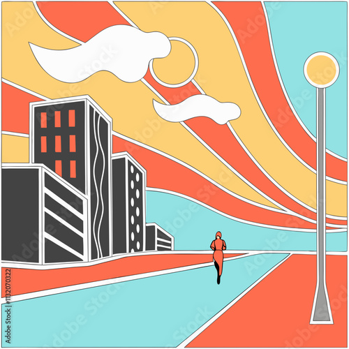 Stylized urban landscape with vibrant colors and a walking person