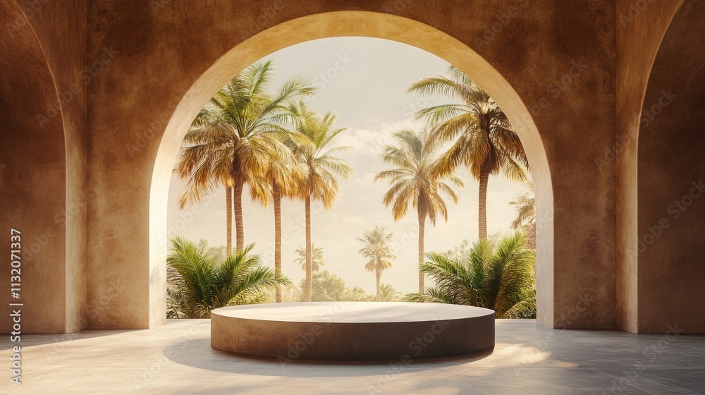 Fototapeta premium A stone platform sits in a vaulted room with a view of a tropical palm tree grove through an arched doorway.