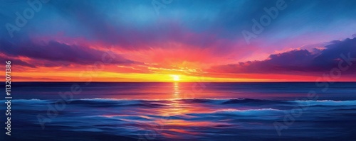 Vibrant Sunset Over Ocean with Dramatic Clouds and Warm Colors Blending into Cool Blues Over Shore