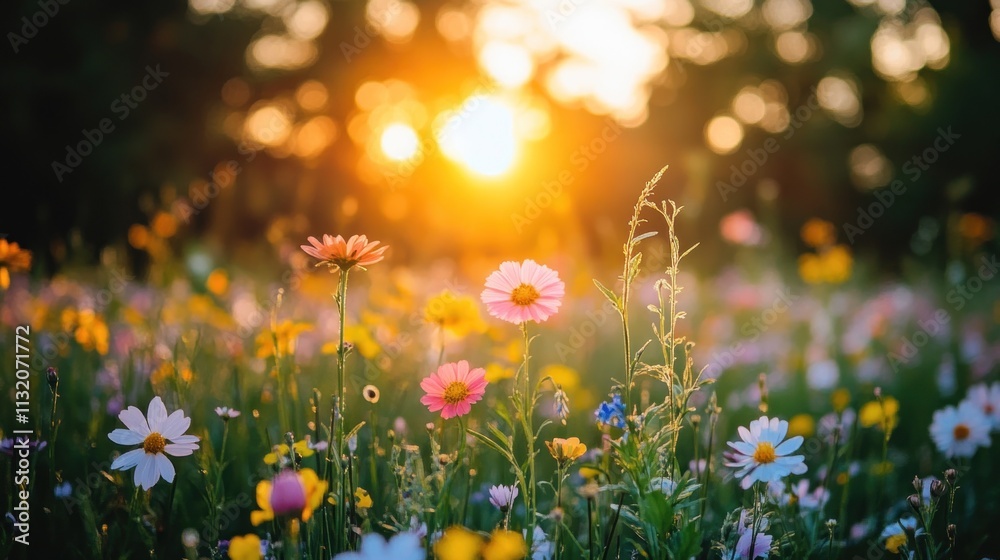 Obraz premium A field of wildflowers basking in the golden light of a setting sun.