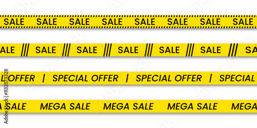 Yellow sale tapes for advertising, discounts, marketing designs and black friday. Set of seamless borders.