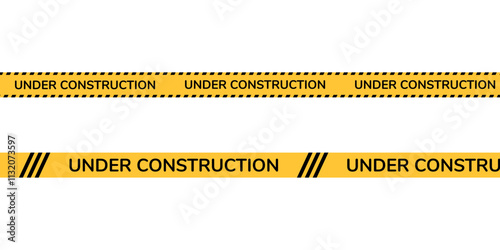 Under construction tape warning banner image with transparent background, sign for road, construction site vector illustration