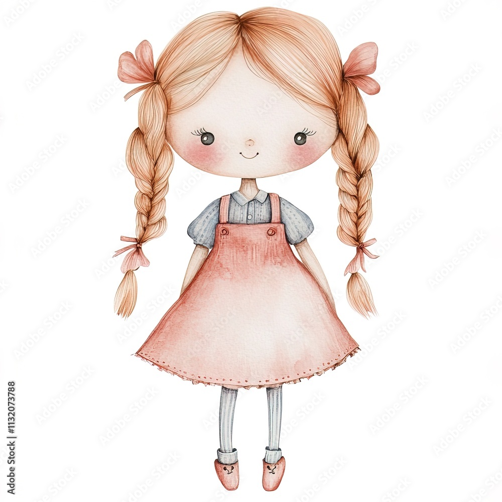 Fototapeta premium a cute rag doll, handmade design, soft pastel tones, watercolor illustration, isolated on white background 