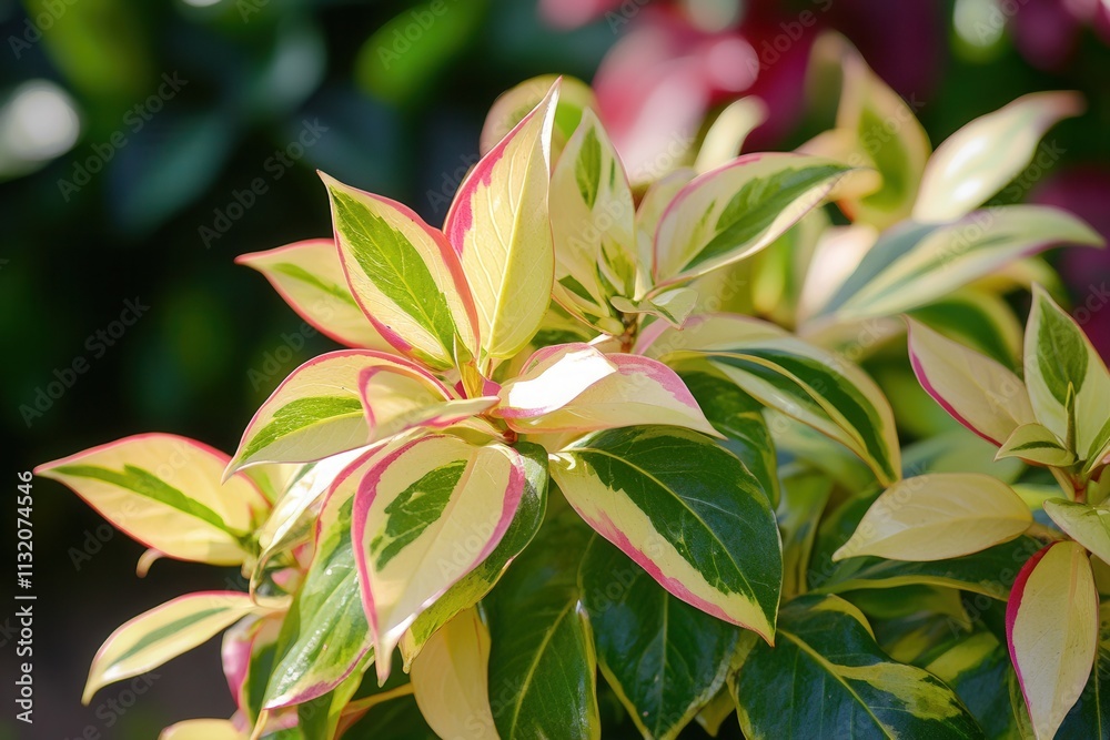 Fototapeta premium Vibrant foliage with variegated leaves in sunlight.