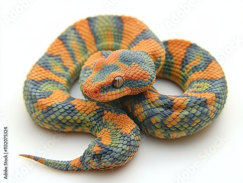 Coiled bush viper in lush tropical setting a colorful herpetofauna close-up photo