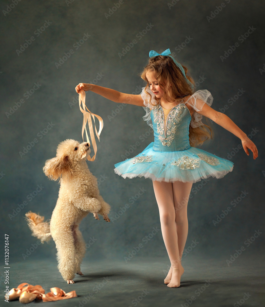 A ballerina girl in a ballet skirt and pointe shoes poses with poodle dog. Little adorable child ballerina in ballet tutu with puppy practicing classic choreography in ballet school, in studio