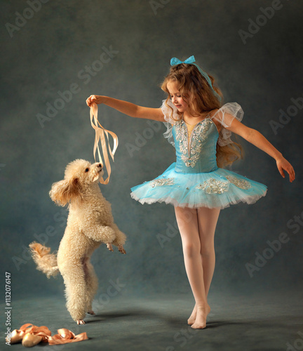 Obraz na płótnie A ballerina girl in a ballet skirt and pointe shoes poses with poodle dog. Little adorable child ballerina in ballet tutu with puppy practicing classic choreography in ballet school, in studio w salonie