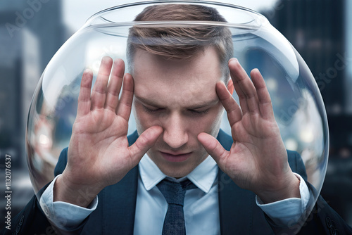A person with suit and tie in a fishbowl, pressed against the glass, symbolizing feelings of isolation and suffocation