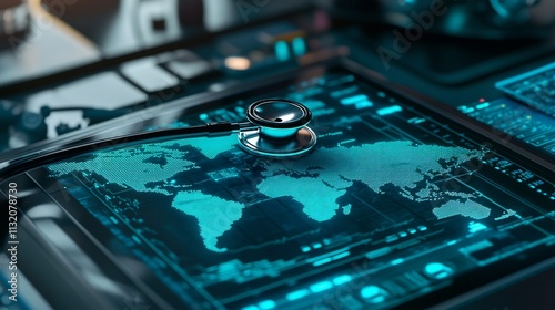 Global Healthcare Monitoring: Digital World Map with Stethoscope