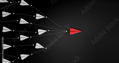 Leadership concept, red leader plane leading white plane, on black background.