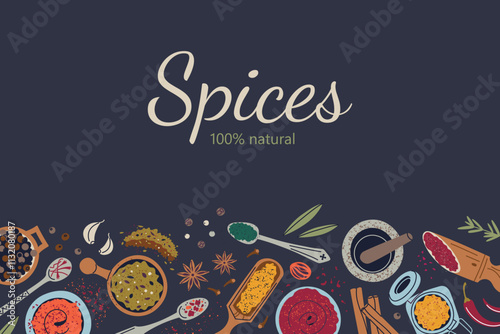 Vector banner with various spices and herbs on black background with copy space. Doodle illustrations of chili, turmeric, cardamom, and kitchen tools, poster for cooking or culinary themes