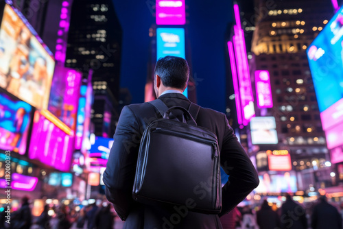 A man in suit stands in Times Square at night, surrounded by vibrant neon lights and bustling crowds, exuding sense of ambition and determination
