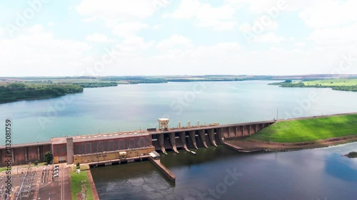 Wallpaper Mural Aerial pan shot of a dam at a reservoir on river. Hydroelectricity power station. Torontodigital.ca