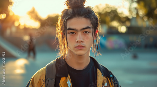 Trendy Teen with Long Hair and Topknot in Skate Park During Golden Hour