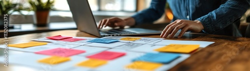 A businessperson interacting with a laptop, showcasing digital flowcharts on the screen, representing strategic business planning and management innovation photo