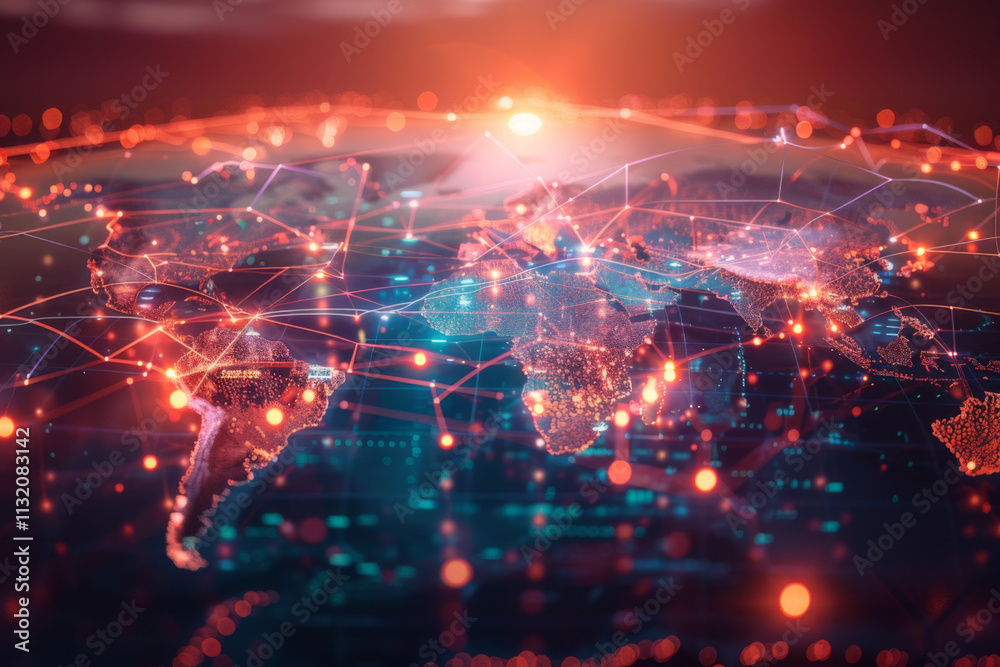 Fototapeta premium Map connecting worldwide data cloud computing tech concept abstract global transfer