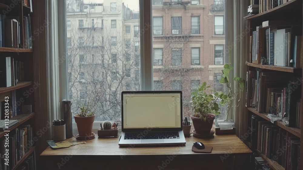 Fototapeta premium A minimalist workspace with a laptop, plants, and bookshelves in front of a window overlooking a city street.