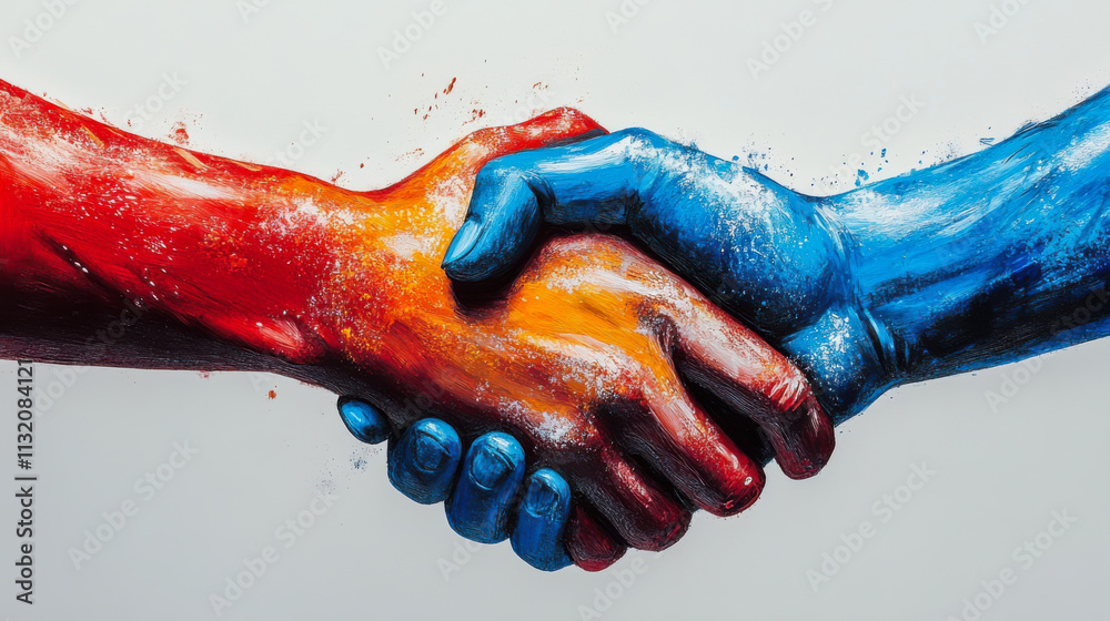 two hand shake left are red and right are blue on white background.