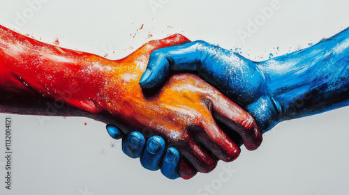 Obraz na płótnie two hand shake left are red and right are blue on white background. w salonie