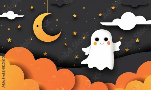 Cute Halloween Ghost in Night Sky