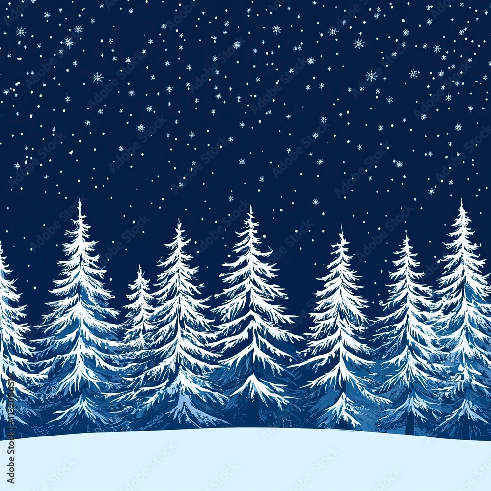 Fototapeta premium Vector Scene of Snowy Pines Against a Dark, Starry Sky Snowfall Against Dark Skies, Winter season, Happy New Year, Happy Christmas 