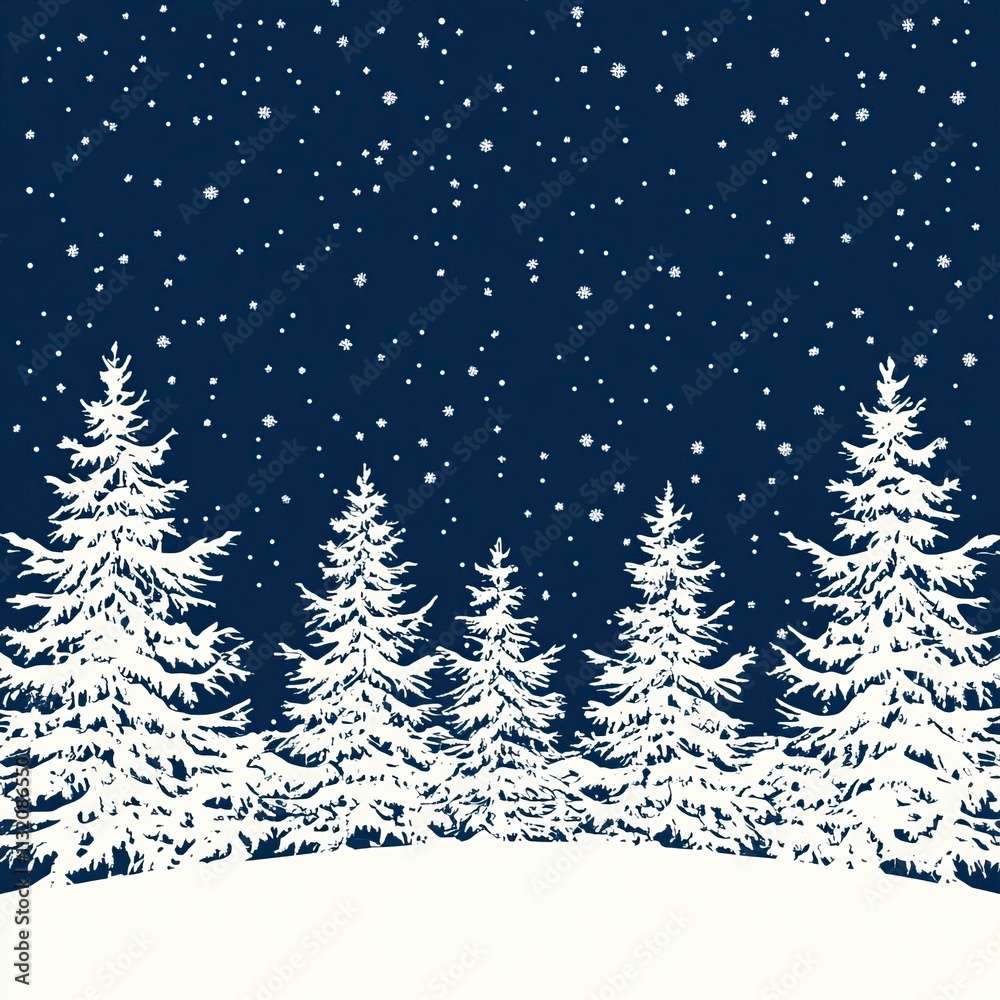 Obraz premium Vector Scene of Snowy Pines Against a Dark, Starry Sky Snowfall Against Dark Skies, Winter season, Happy New Year, Happy Christmas 