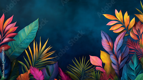 Vibrant tropical jungle mural with colorful abstract nature painting on a wall. featuring exotic flora and botanical artwork. acrylic paint. and artistic illustration. Urban Jungle. Illustration photo