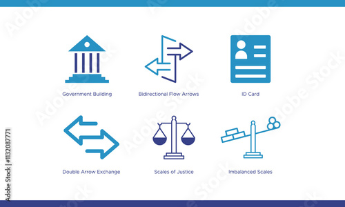 Trading and Legal Icons - Scales of Justice, Government, Exchange, and ID Symbols