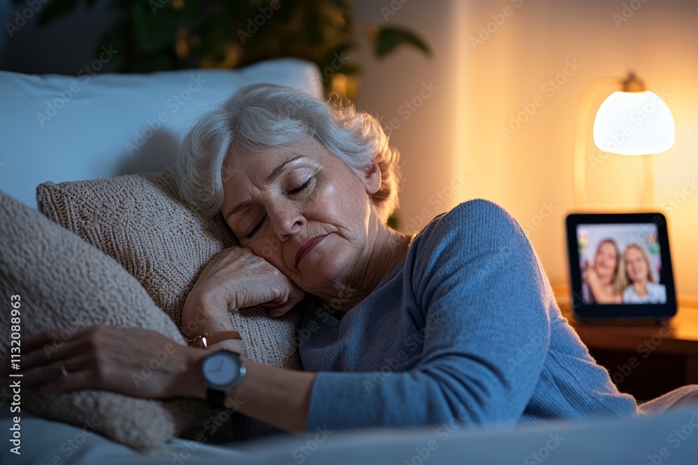 Obraz premium Senior Woman Embracing Tech in Cozy Bedroom Haven