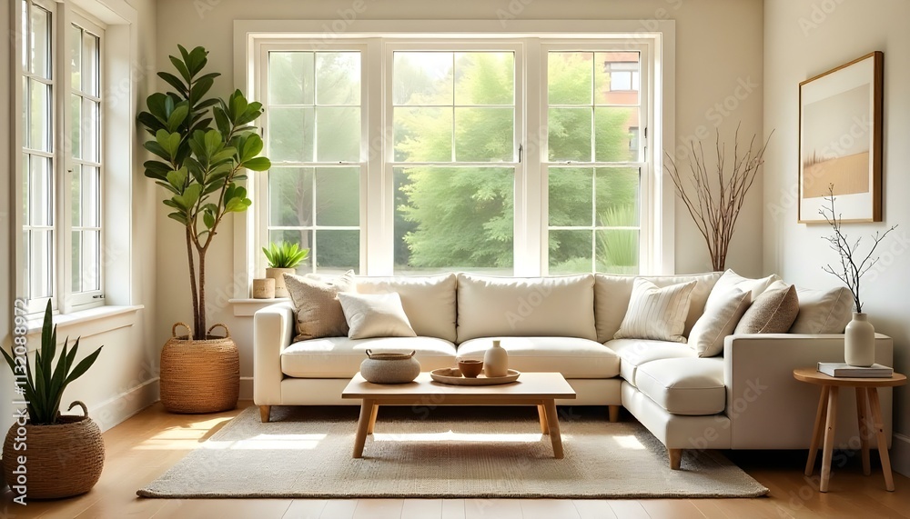 Fototapeta premium A cozy living room with a beige sofa, wooden furniture, and natural decor elements like woven baskets and vases. The room is filled with warm, natural light from the large windows