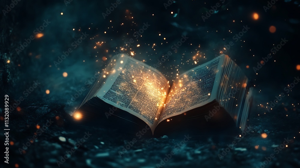 Fototapeta premium A magical book featuring open pages and abstract lights that shine in the dark a literary and fairytale concept