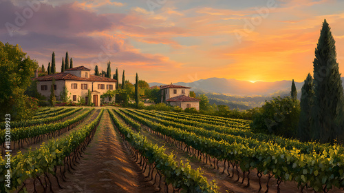 Beautiful tuscan villa surrounded by lush vineyards at sunset, capturing the essence of rustic italian charm and serene countryside living. Lush Hillside. Illustration photo