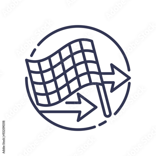 Checkered flag and arrows symbolize starting a new venture or project launch.