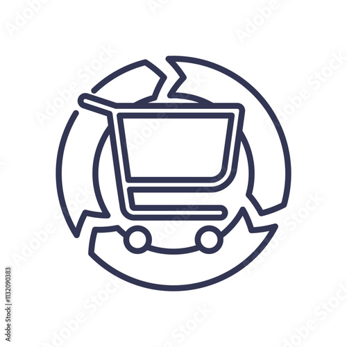 Shopping cart with circular arrows symbolizes repeat purchases and customer loyalty.