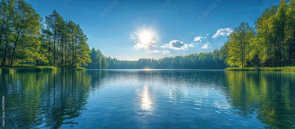 Fototapeta premium Calm lake reflecting sun, lush green trees on a sunny day.