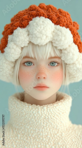 Surreal Computer Generated Girl, iceland girl, young, futuristic, big eyes, perfect button nose, isolated, on greeny blue  background, portrait, AI, artificial intelligence, AI girl, 3d girl