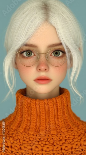Stunning Computer Generated Girl, beautiful girl, young, glasses, big eyes, perfect button nose, isolated, on greeny blue  background, portrait, AI, artificial intelligence, AI girl, 3d girl